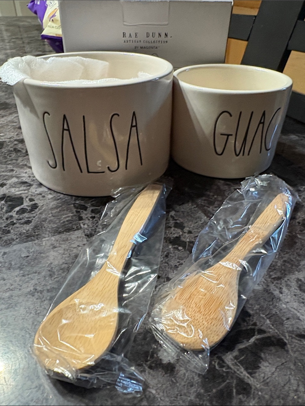 Rae Dunn White Ceramic 'SALSA' & 'GUAC' Bowls with Bamboo Spoons